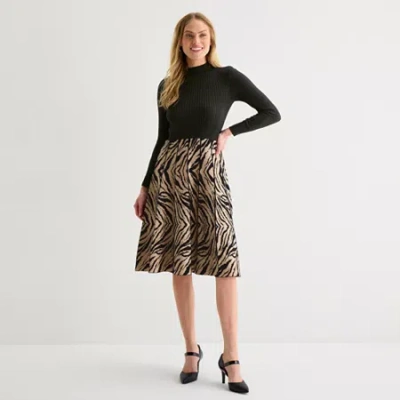 Studio 1 Womens Long Sleeve Animal Sweater Dress In Black