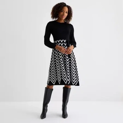 Jessica Howard Womens Long Sleeve Chevron Midi Sweater Dress In Black