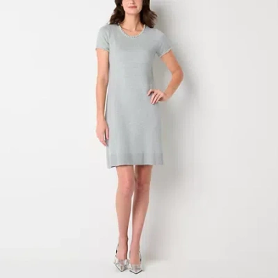 Studio 1 Womens Short Sleeve Embellished Pearl Trim Sweater Dress In Blue