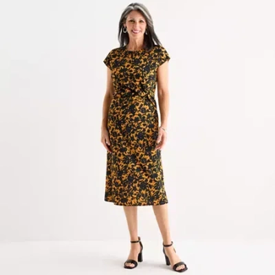 Perceptions Womens Short Sleeve Midi Floral Sheath Dress In Yellow