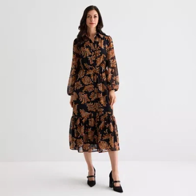 52seven Womens Long Sleeve Midi Leaf Shirt Dress In Multi