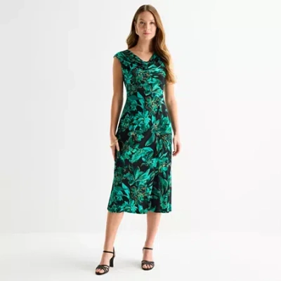 Connected Apparel Womens Short Sleeve Midi Floral Sheath Dress In Green