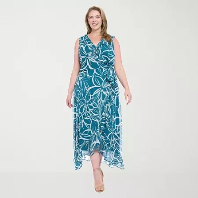 London Times Womens Plus Sleeveless Abstract Maxi Dress In Blue