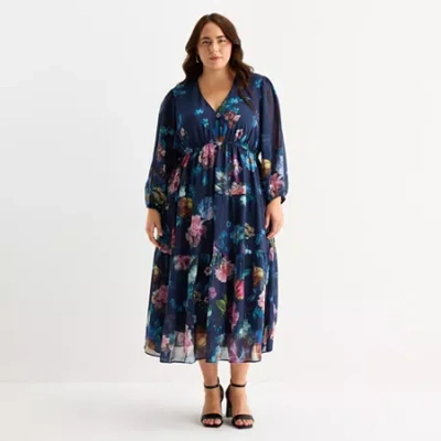 Isabel & Nina Womens Plus Long Sleeve Floral Maxi Dress In Blue