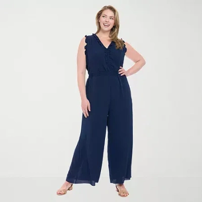 London Times Womens V Neck Sleeveless Plus Jumpsuit In Blue
