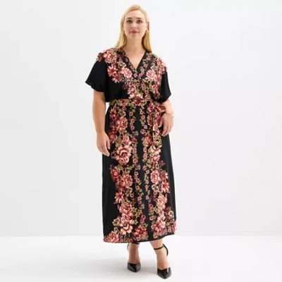 52seven Womens Plus Short Sleeve Floral Maxi Dress In Black