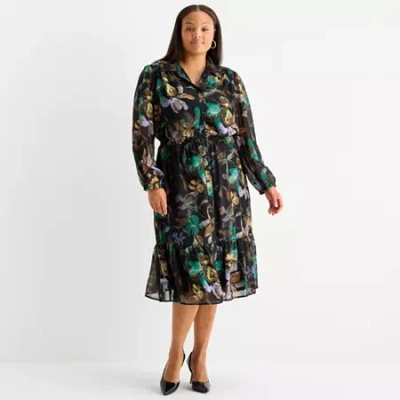 52seven Womens Plus Long Sleeve Midi Floral Shift Dress In Multi