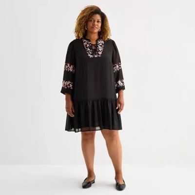 Sam & Jess Womens Plus 3/4 Sleeve Shift Dress In Black