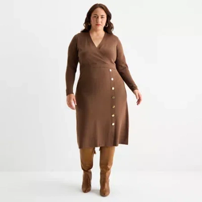 Maia Womens Plus Long Sleeve Midi Sweater Dress In Brown