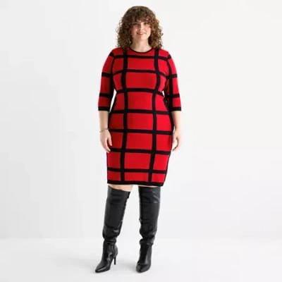 Danny & Nicole Womens Plus 3/4 Sleeve Windowpane Sweater Dress In Red