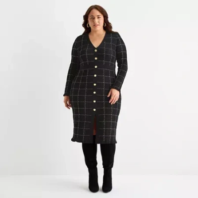 52seven Womens Plus Long Sleeve Windowpane Midi Sweater Dress In Black