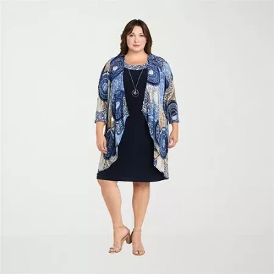 R & M Richards Womens Jacket Dress With Removable Necklace Plus In Blue