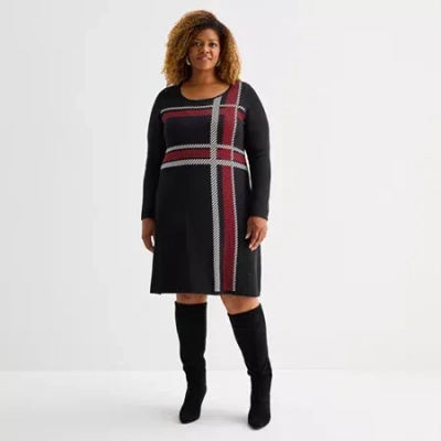 Studio 1 Womens Plus Long Sleeve Plaid Sweater Dress In Red