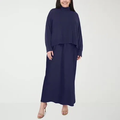 Sam & Jess Womens Plus Long Sleeve Sweater Dress Set In Blue