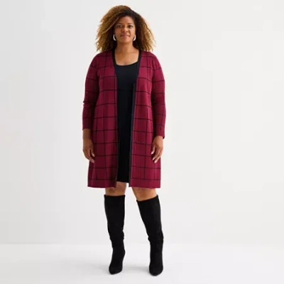 Studio 1 Womens Plus Long Sleeve Windowpane Faux-jacket Dress In Red