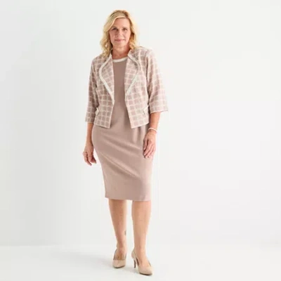 Maya Brooke Womens Plus Pearl Trim Plaid Jacket Dress In Neutral