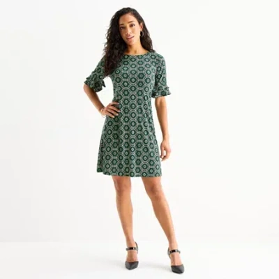 Perceptions Womens Petite Short Sleeve Geometric Shift Dress In Green