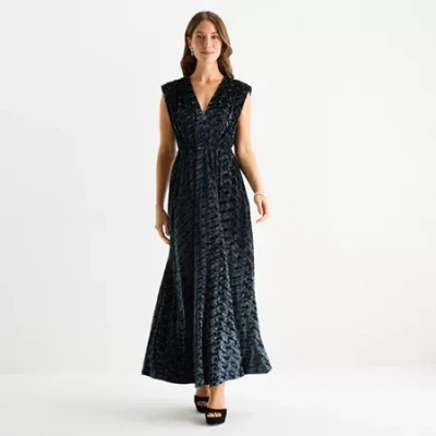 Sam & Jess Velvet Womens Sleeveless Scroll Evening Gown In Black