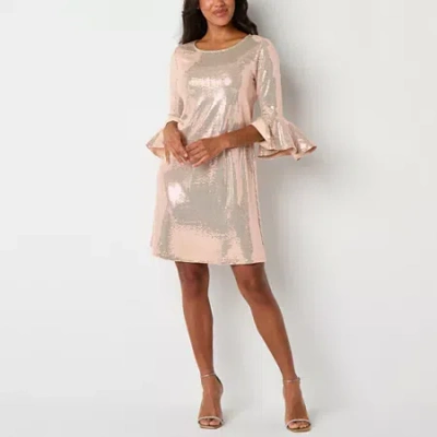 Studio 1 Womens Sequin 3/4 Sleeve Shift Dress In Sand