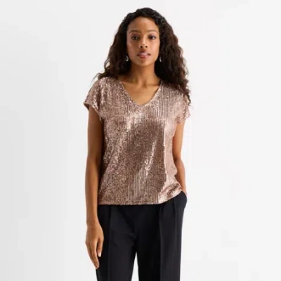 Msk Sequin Womens V Neck Short Sleeve Sequin Blouse In Brown