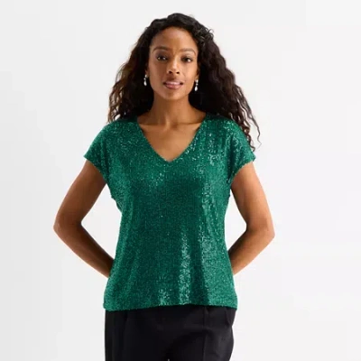 Msk Sequin Womens V Neck Short Sleeve Sequin Blouse In Green