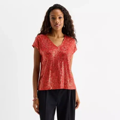 Msk Sequin Womens V Neck Short Sleeve Sequin Blouse In Red