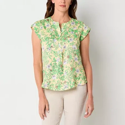 Liz Claiborne Womens Tall Split Crew Neck Cap Short Sleeve Regular Fit Button-down Shirt In Multi