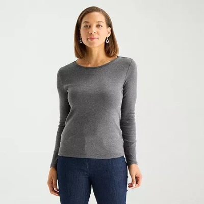 Liz Claiborne Womens Tall Crew Neck Long Sleeve T-shirt In Gray