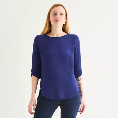 Liz Claiborne Tall Womens Round Neck 3/4 Sleeve Tunic Top In Blue