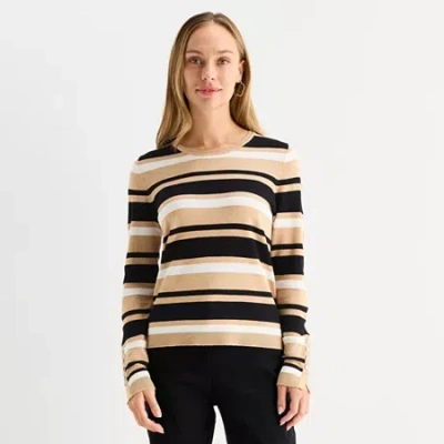 Liz Claiborne Tall Womens Round Neck Long Sleeve Striped Pullover Sweater In Brown