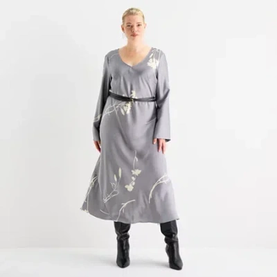 Worthington Womens Plus Long Sleeve Floral Maxi Dress In Gray