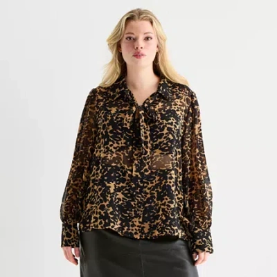 Worthington Womens Plus Long Sleeve Blouse In Brown