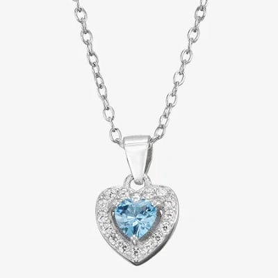 Fine Jewelry Girls Blue Cubic Zirconia Sterling Silver Heart 15 Inch Pendant Necklace In Metallic