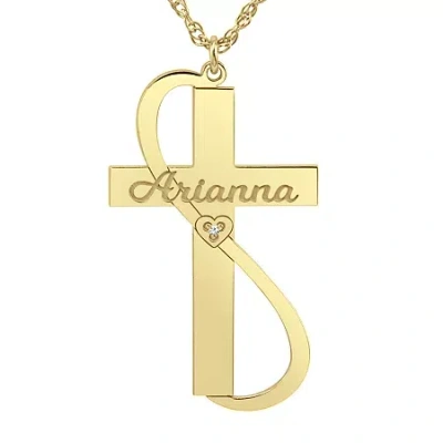 Fine Jewelry Womens White Diamond Accent Personalized Cross Pendant Necklace In Yellow