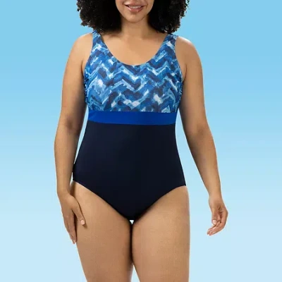 Dolfin Womens Easy-on + Easy-off Striped One Piece Swimsuit In Blue