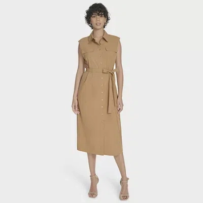 Marc New York Womens Belted Sleeveless Midi Shirt Dress In Brown