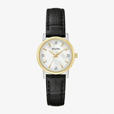 Bulova Sutton Womens Diamond Accent Black Leather Strap Watch 98p225 In Gold