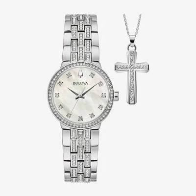 Bulova Classic Crystal Womens Crystal Accent Silver Tone Stainless Steel 2-pc. Watch Boxed Set 96x163 In Metallic