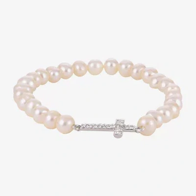 Fine Jewelry Cultured Freshwater Pearl & Crystal Sideways Cross Stretch Bracelet In Transparent
