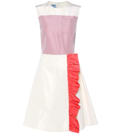 Prada Color-block Ruffled Silk-faille Mini Dress In White