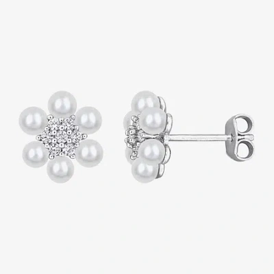 Fine Jewelry White Cultured Freshwater Pearl Sterling Silver 11mm Flower Stud Earrings In Transparent