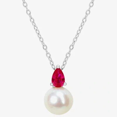 Fine Jewelry Womens White Cultured Freshwater Pearl & Gemstone 18k Gold Over Silver Pendant Necklace In Red