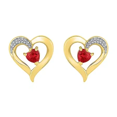 Fine Jewelry Diamond Accent Lab Created Red Ruby 10k Gold 13.5mm Heart Stud Earrings In Transparent