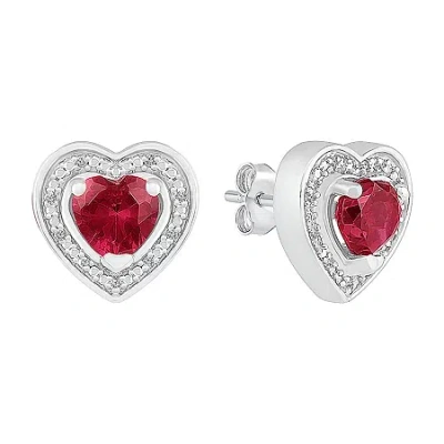 Fine Jewelry Diamond Accent Lab Created Red Ruby Sterling Silver 11mm Heart Stud Earrings In Transparent