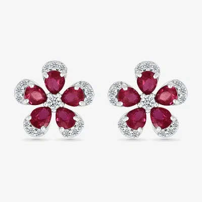 Fine Jewelry Lab Created Red Ruby Sterling Silver 12.5mm Flower Stud Earrings In Transparent