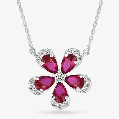 Fine Jewelry Womens Lab Created Red Ruby Sterling Silver Flower 18 Inch Pendant Necklace In Transparent