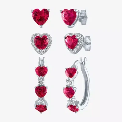 Fine Jewelry Gemstone Sterling Silver Heart 3 Pair Earring Set In Red