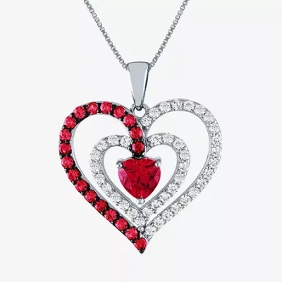 Fine Jewelry Womens Lab Created Red Ruby Sterling Silver Heart 18 Inch Pendant Necklace In Transparent