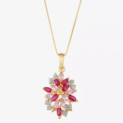 Fine Jewelry 14k Gold Over Silver Lab-created Gemstone Flower Pendant Necklace In Red