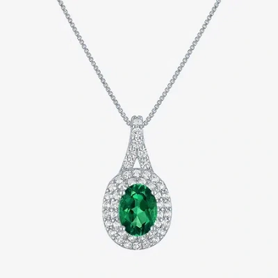 Fine Jewelry Gemstone & Lab-created White Sapphire Sterling Silver Halo Pendant Necklace In Green